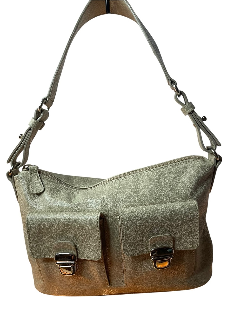 Furla Italy Pebbled Leather Shoulder Bag – Beige/Cream with Front Pockets